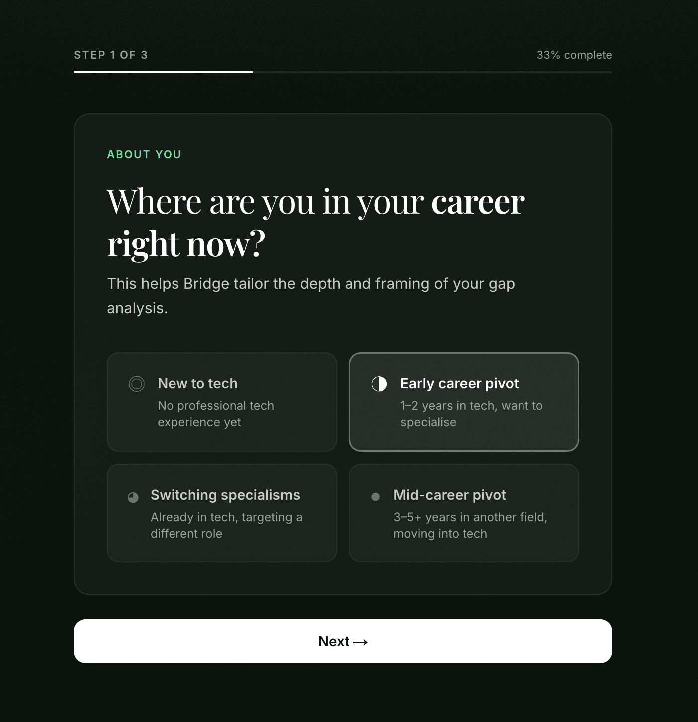 Onboarding step 1 — career stage
